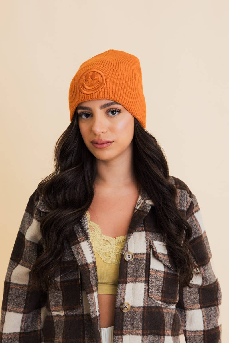 Smiley Face Embroidered Ribbed Knit Beanie: Mustard