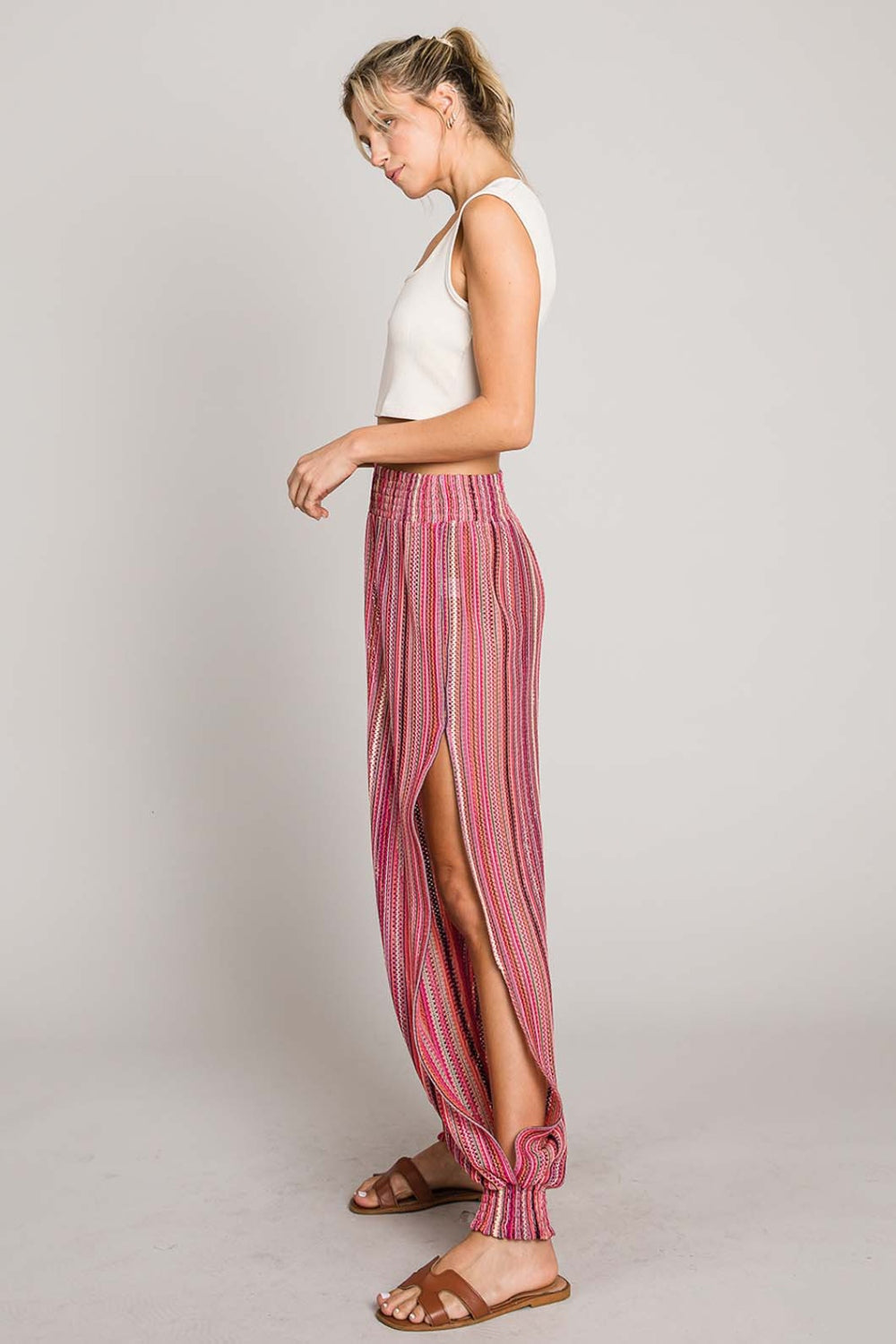 Striped Smocked Cover Up Pants - Fuschia