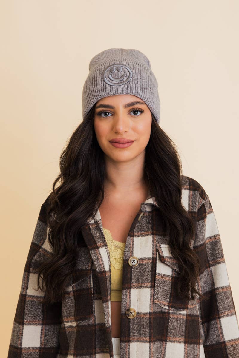 Smiley Face Embroidered Ribbed Knit Beanie: Mustard