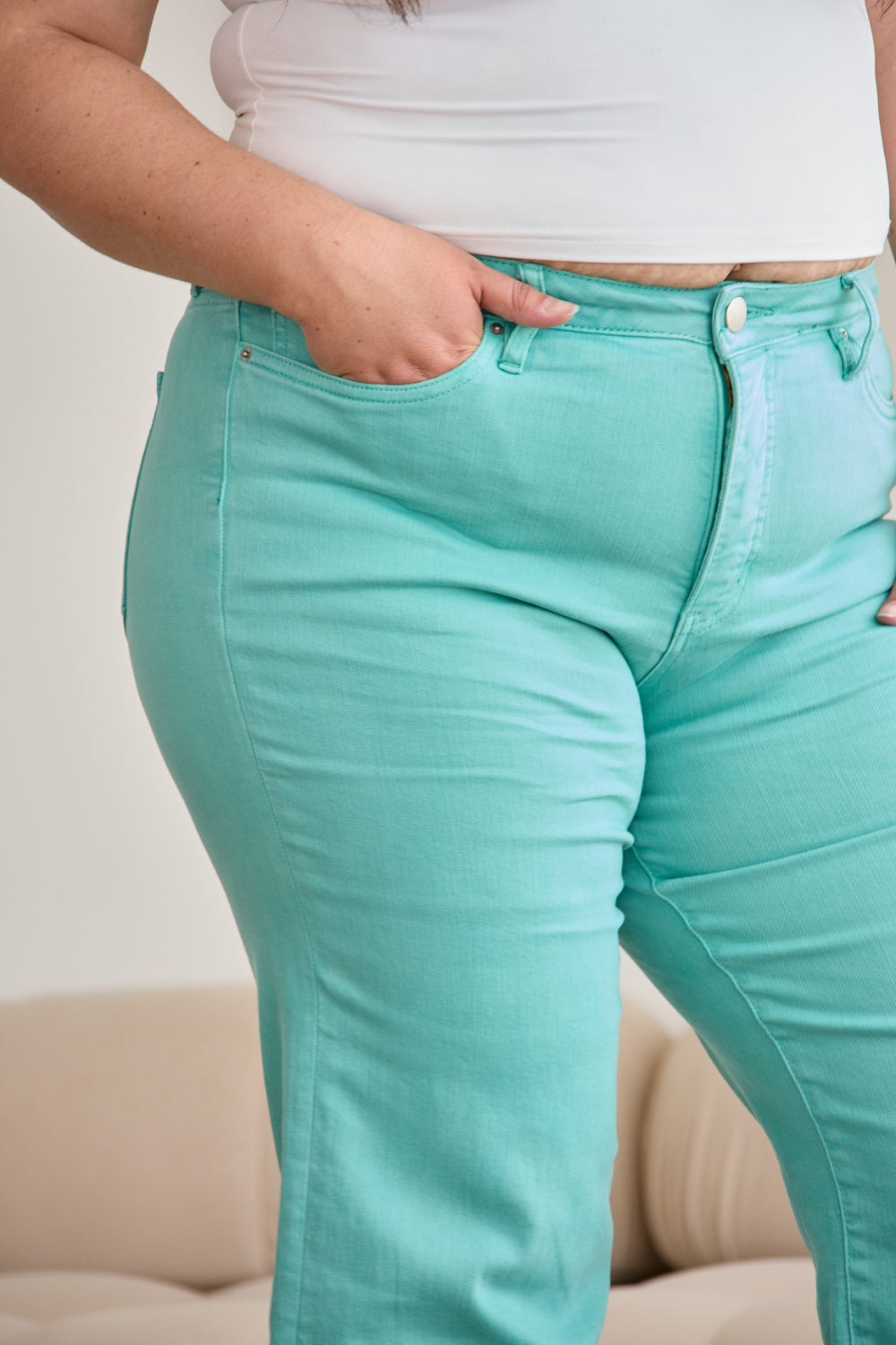 RFM Tummy Control Cropped Wide Leg Jeans - Island Green