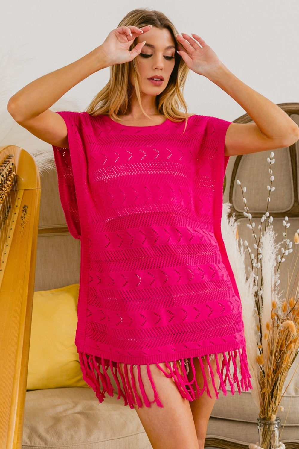 Fringed Hem Knit Top - Fuchsia