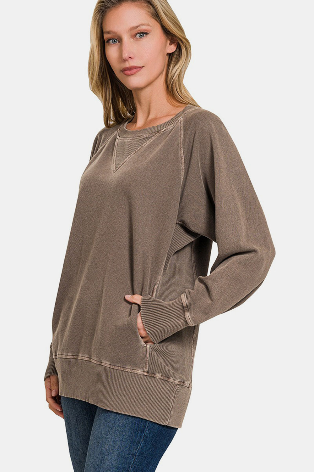 Pigment Dyed French Terry Sweatshirt w/Pockets - Brown