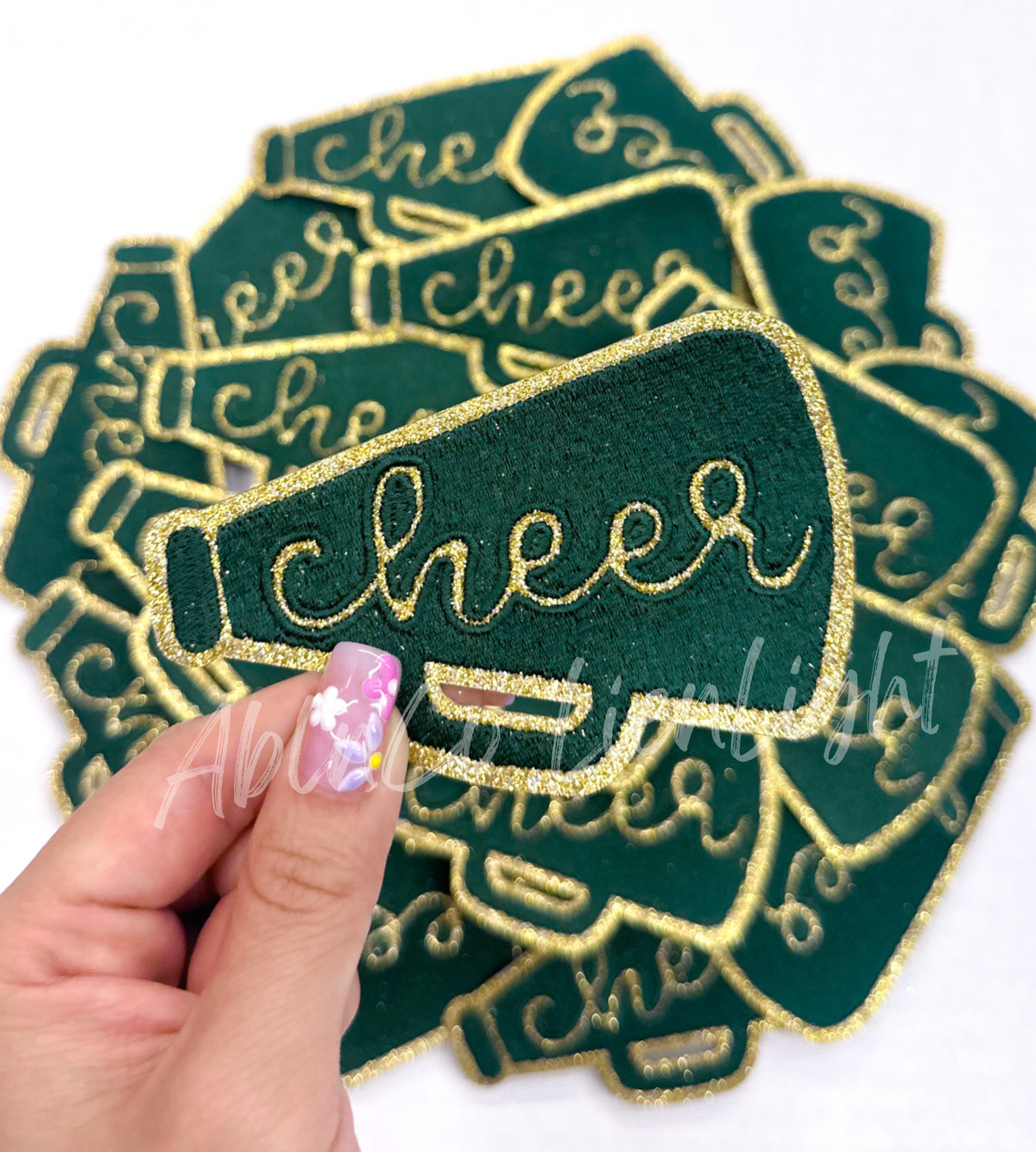 Green glitter cheer megaphone trucker hat patch iron on