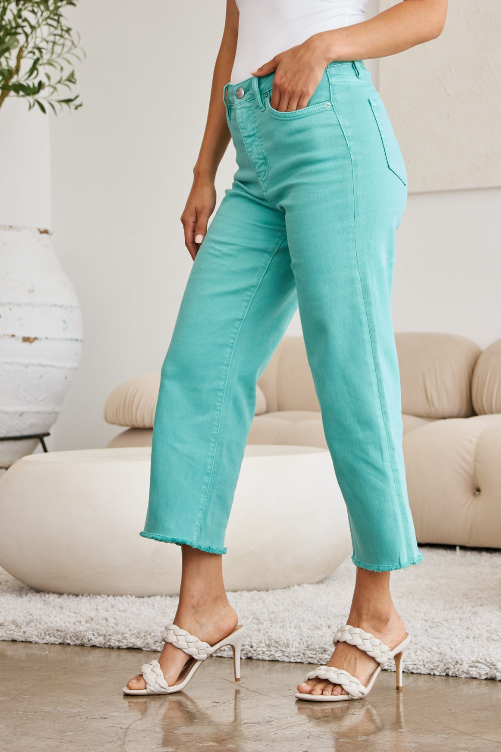 RFM Tummy Control Cropped Wide Leg Jeans - Island Green