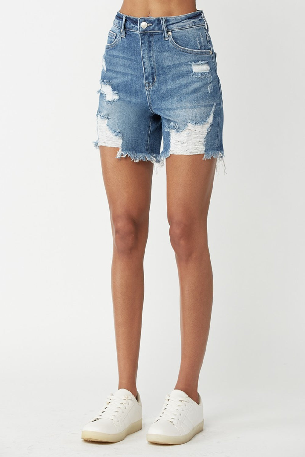 RISEN Mid Thigh Distressed Denim Shorts