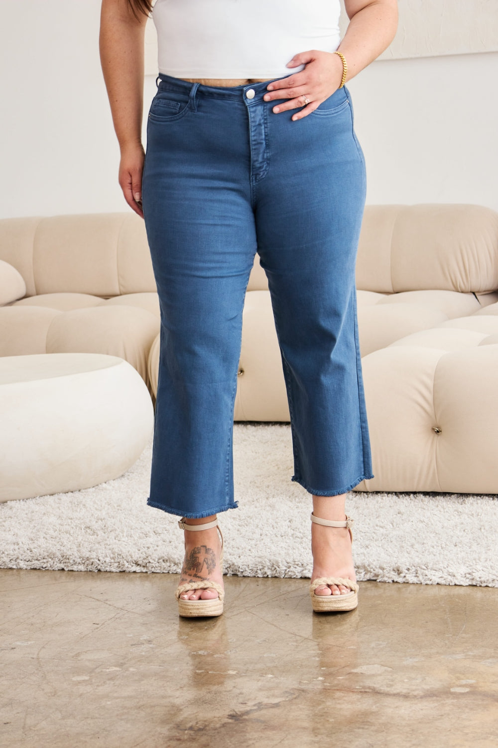 RFM Tummy Control Cropped Wide Leg Jeans - Blue Slate