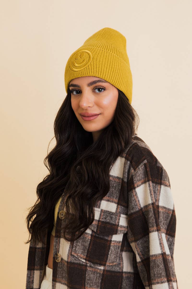 Smiley Face Embroidered Ribbed Knit Beanie: Mustard