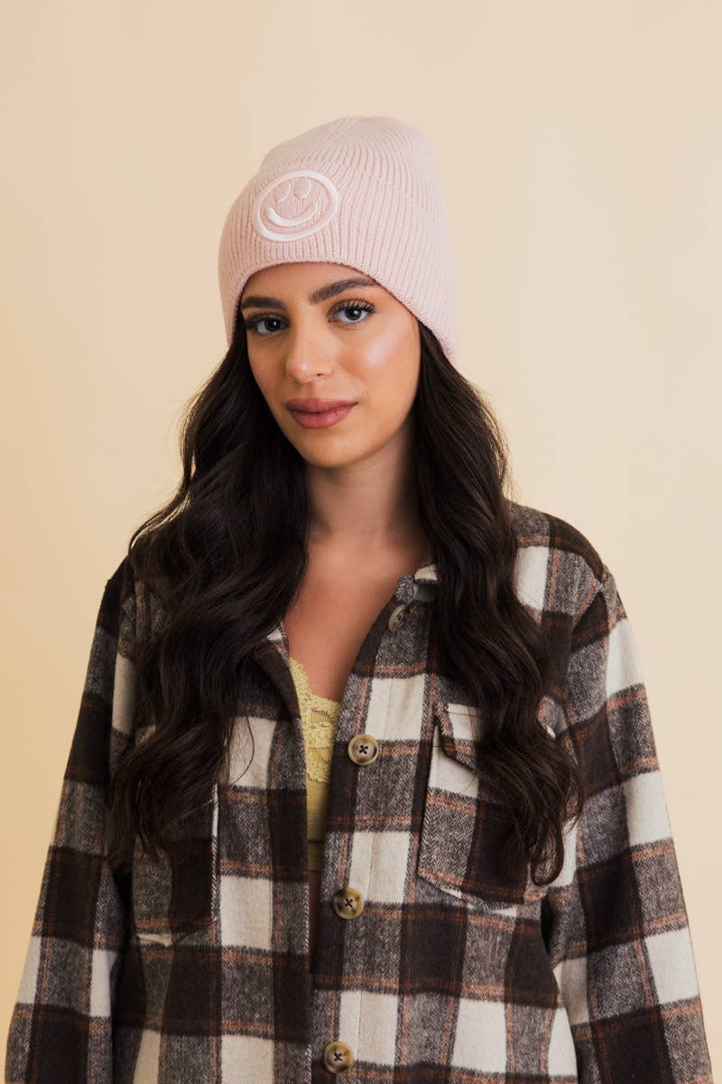 Smiley Face Embroidered Ribbed Knit Beanie: Mustard