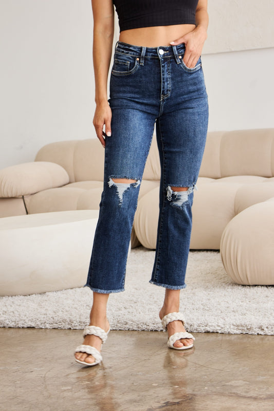 RFM Tummy Control Straight Leg Cropped Jeans - Distressed