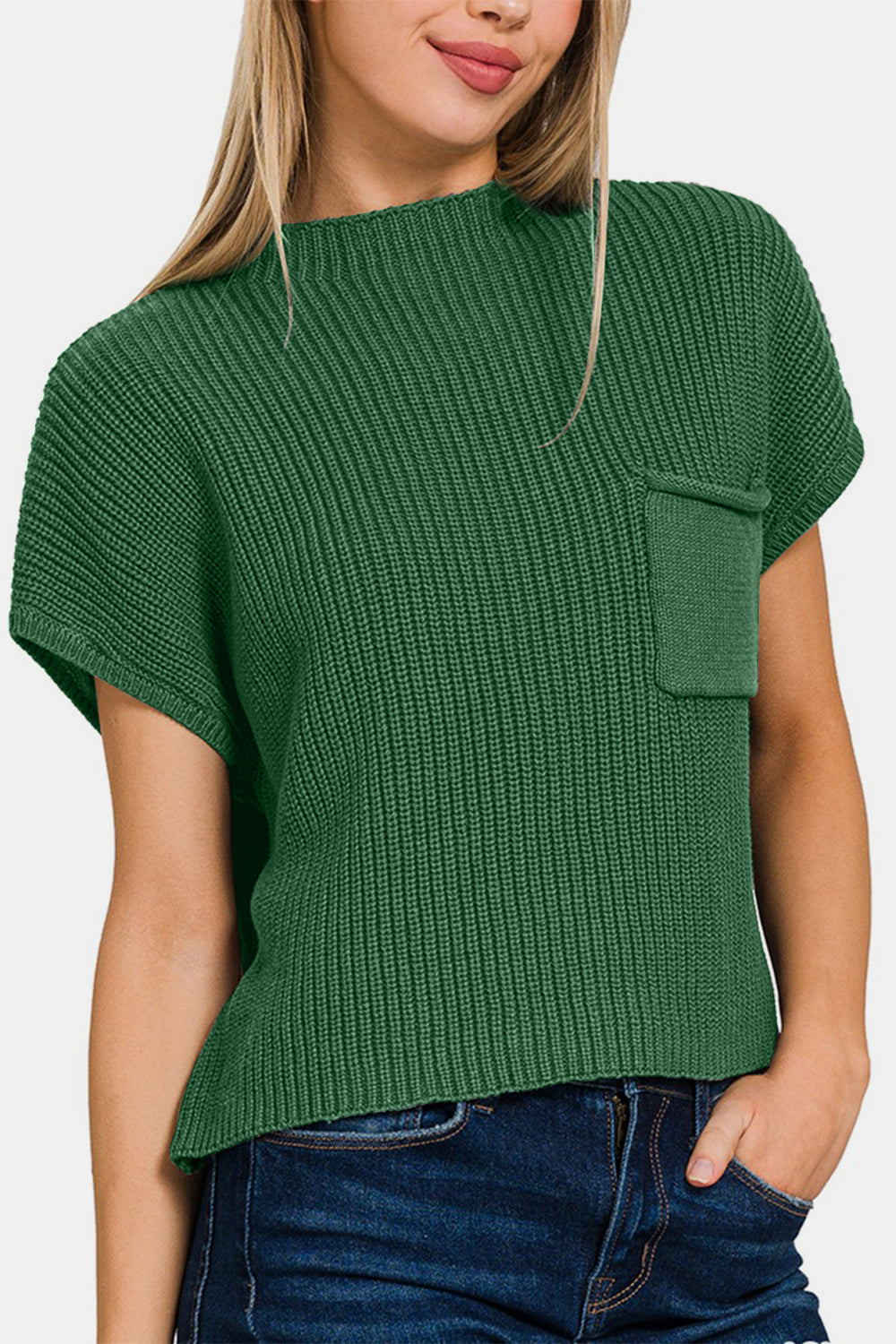 Mock Neck Short Sleeve Cropped Sweater - Dk Green