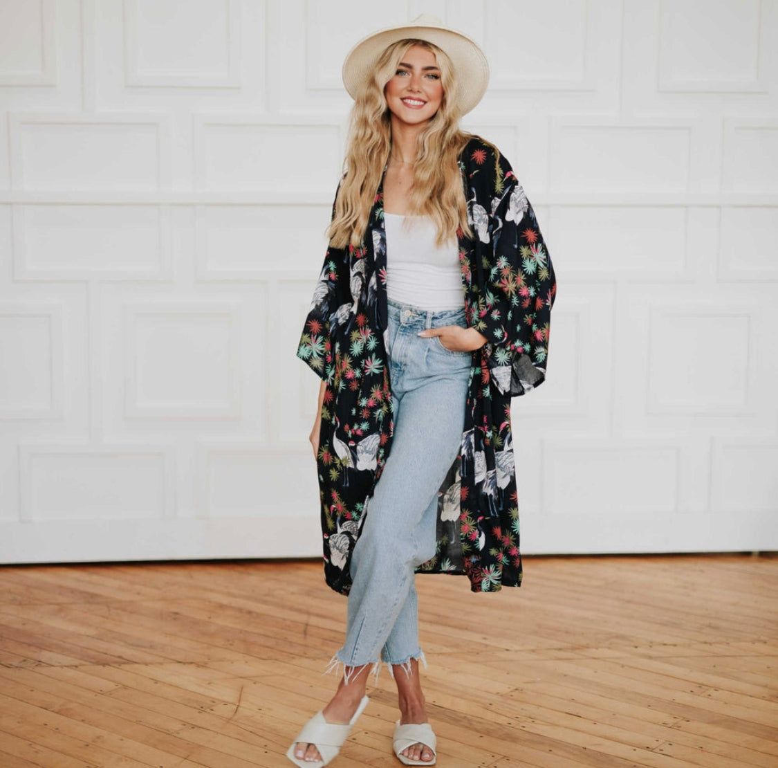 Navy Tropical Birds Tie Front Kimono - Preorder