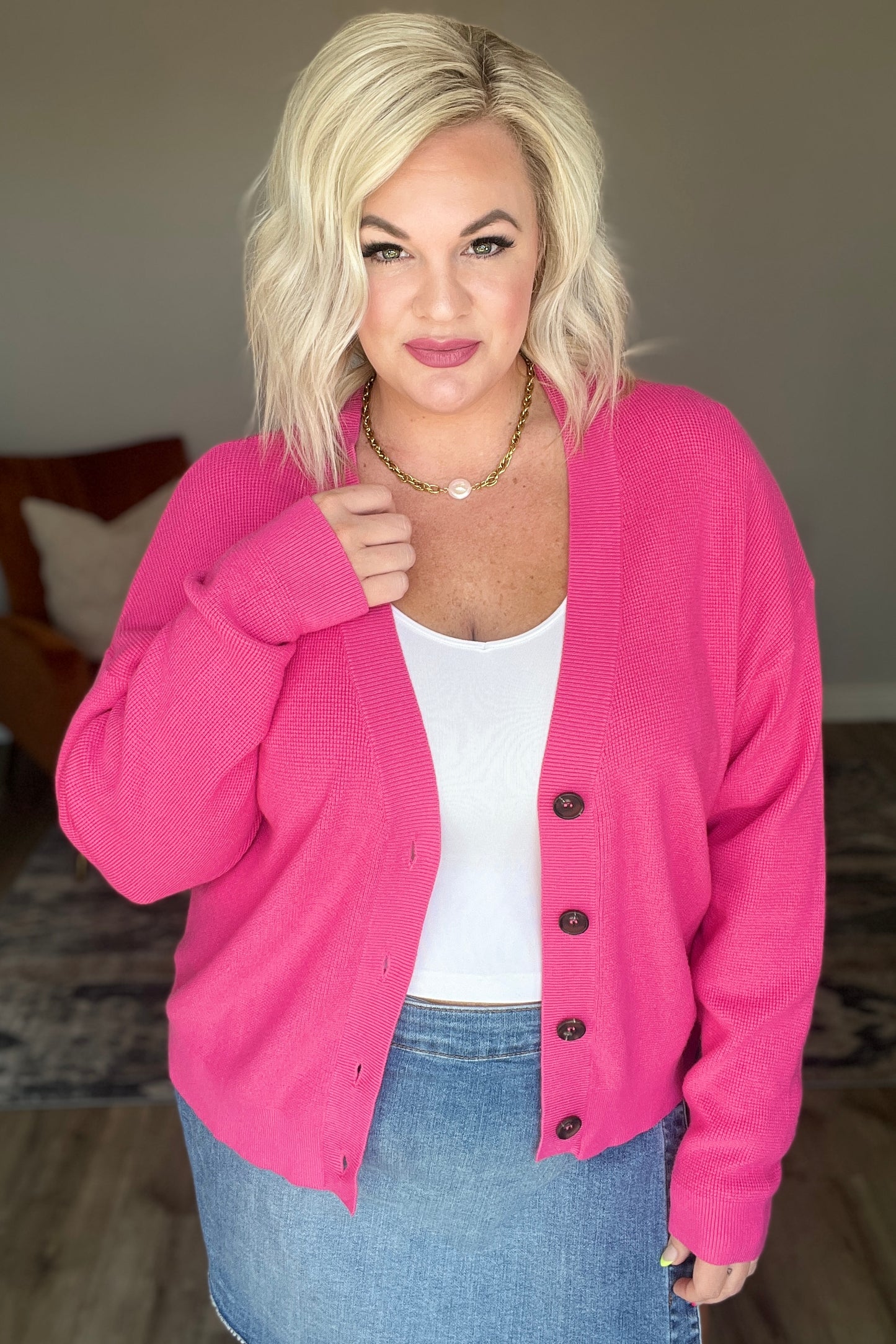 Pleasant Greetings V-Neck Cardigan in Fuchsia