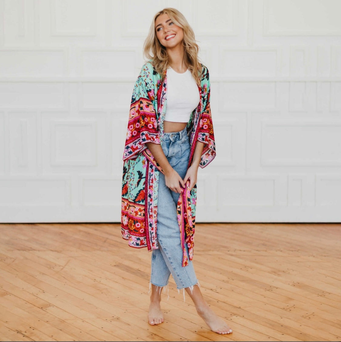 Tie Front Boho Chic Teal Floral Kimono - Preorder