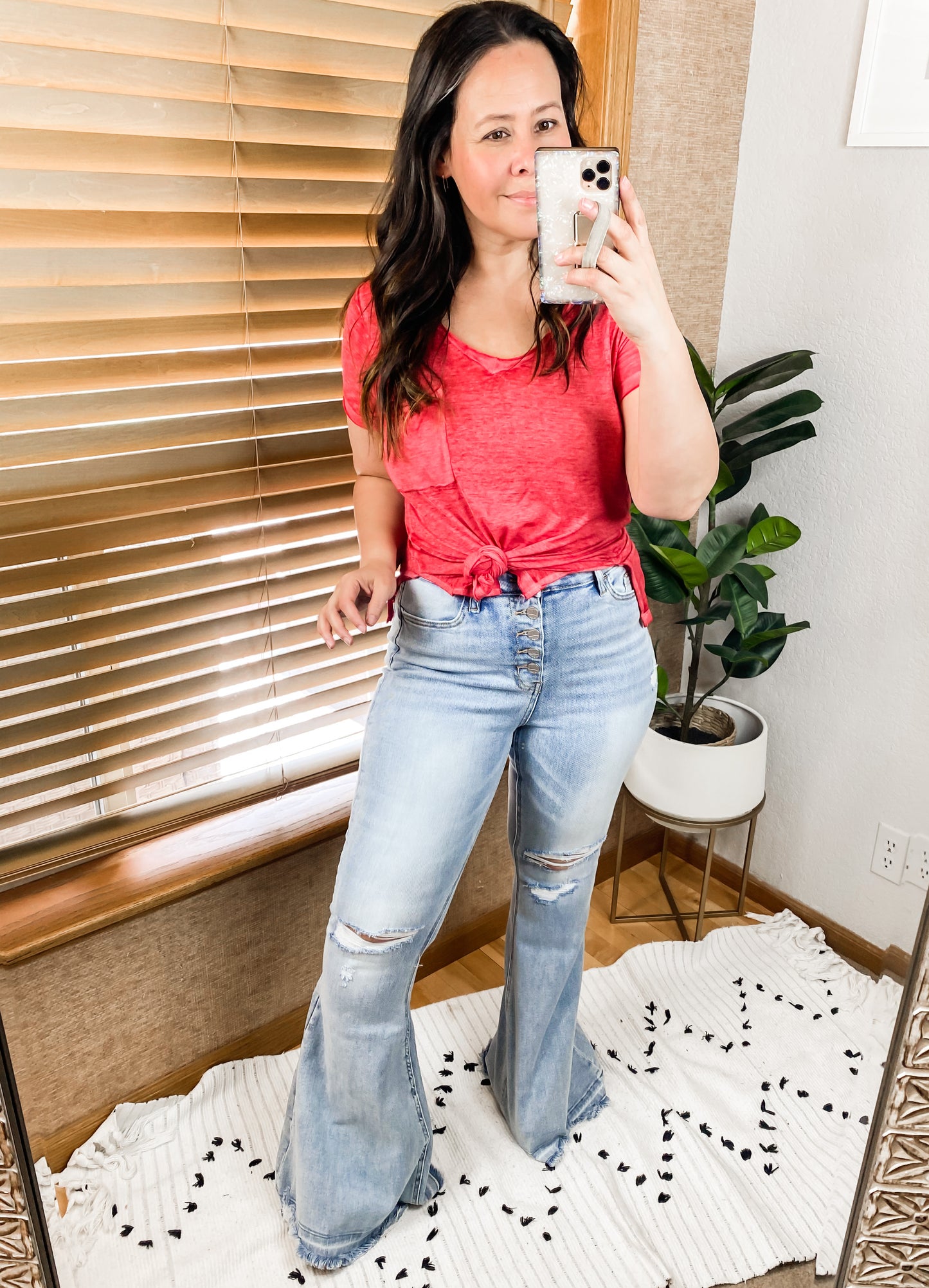 Washed Melange Burnout Scoop V-Neck Top - Multiple Colors