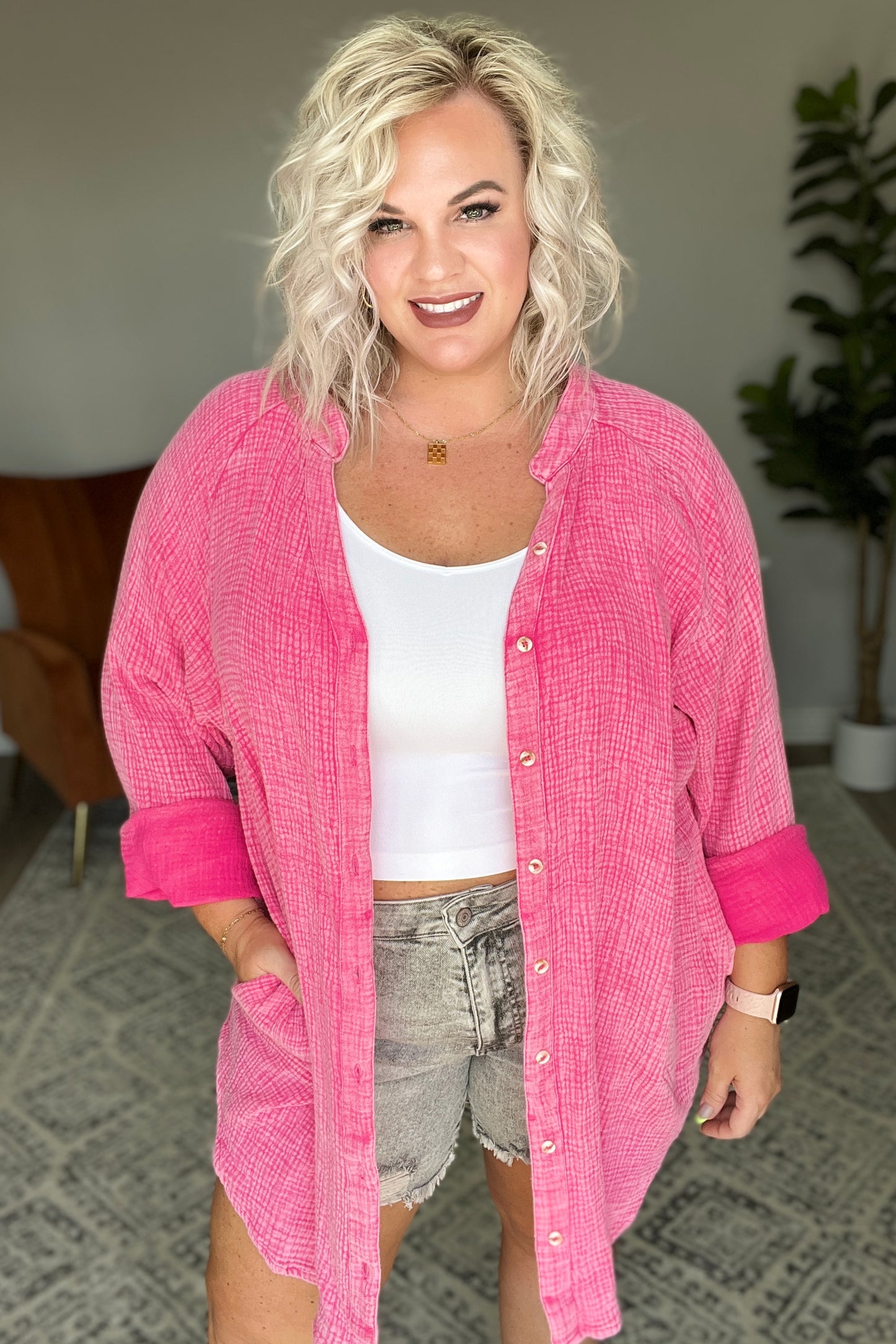 Corey Button Up Top in Fuchsia