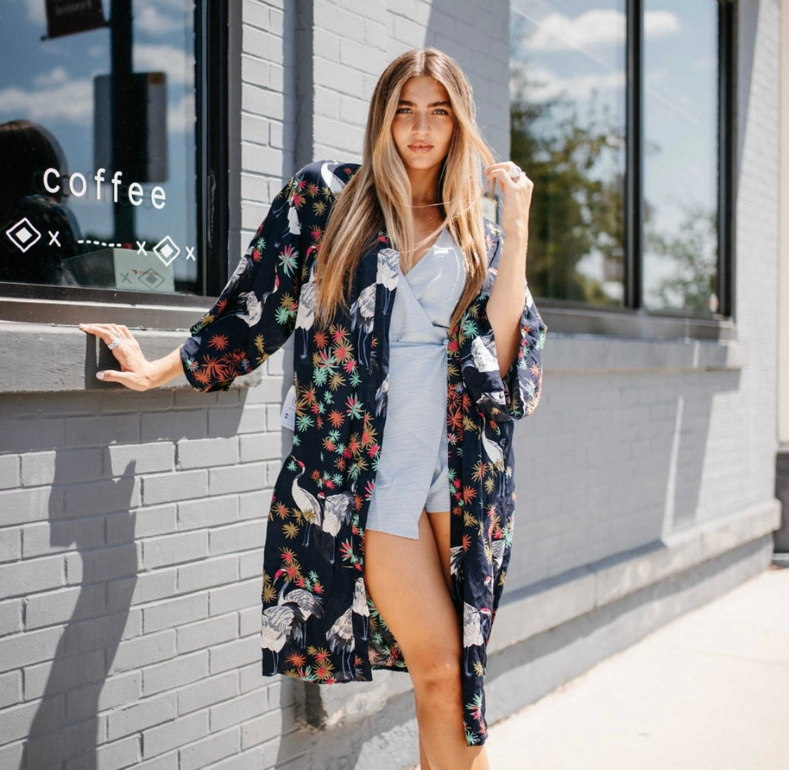 Navy Tropical Birds Tie Front Kimono - Preorder
