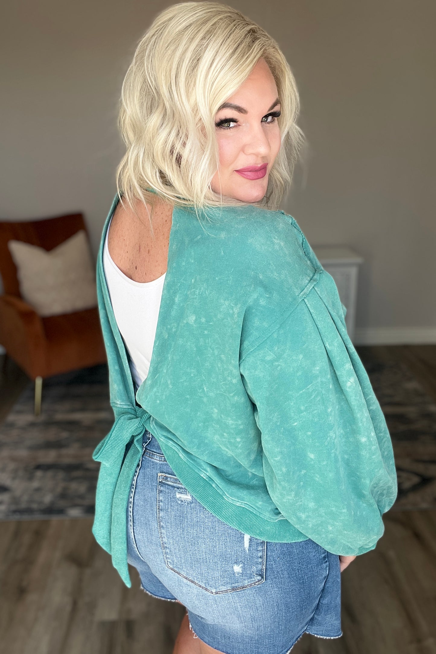 Tied Up In Cuteness Mineral Wash Sweater in Teal