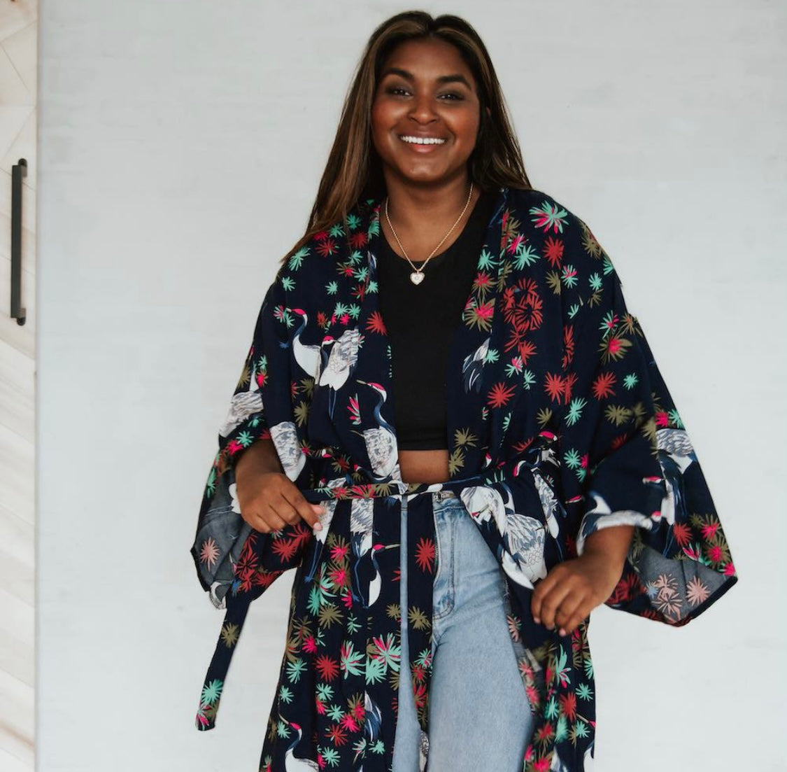 Navy Tropical Birds Tie Front Kimono - Preorder
