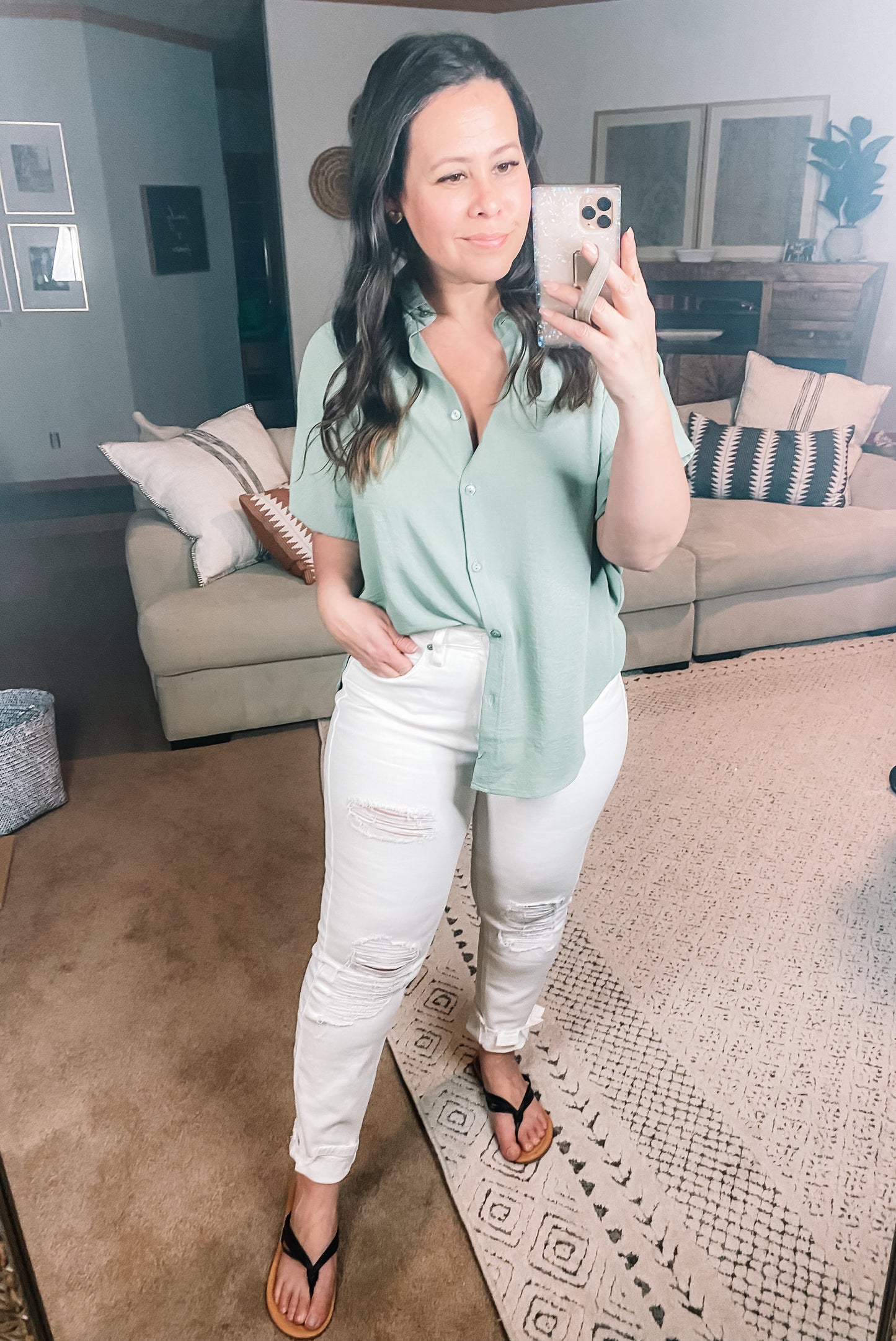 Sweet Simplicity Button Down Blouse in Sage
