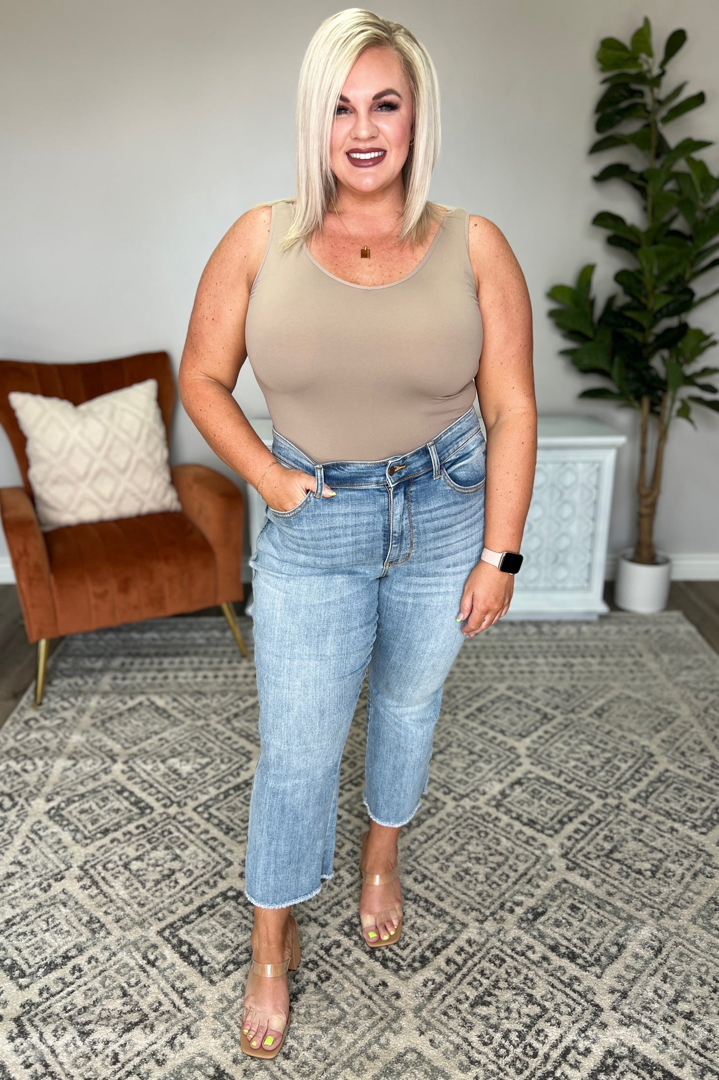 Judy Blue Mid Rise Straight Crop Jeans w/Side Slit