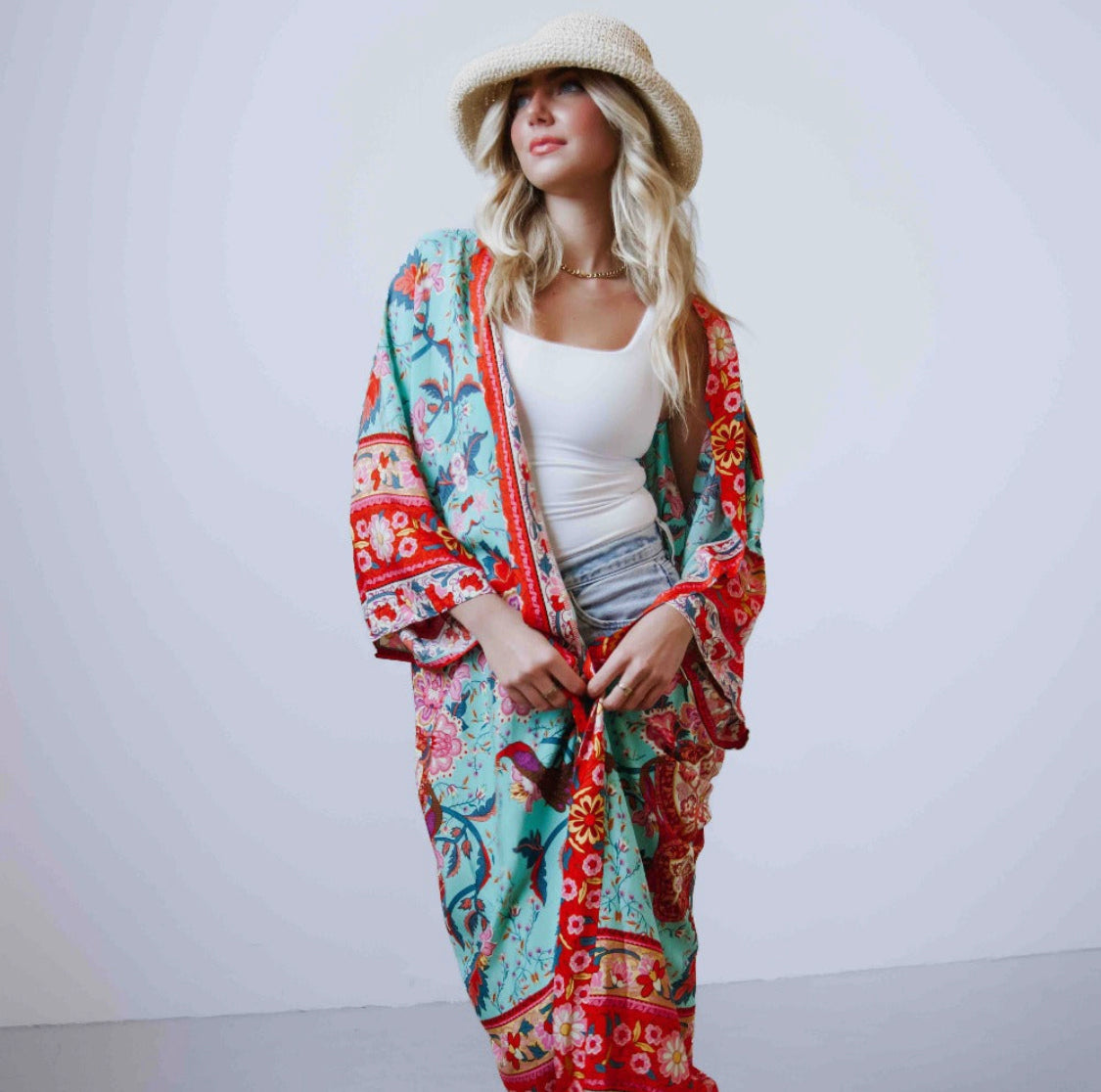 Tie Front Boho Chic Teal Floral Kimono - Preorder