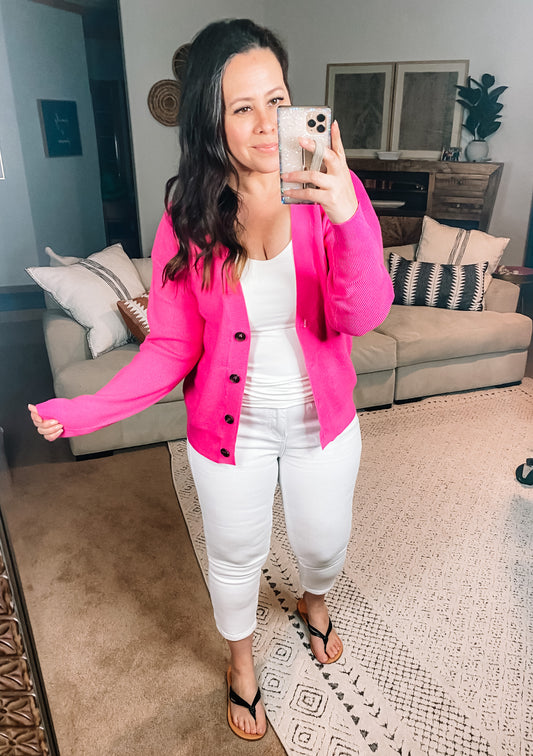 Pleasant Greetings V-Neck Cardigan in Fuchsia