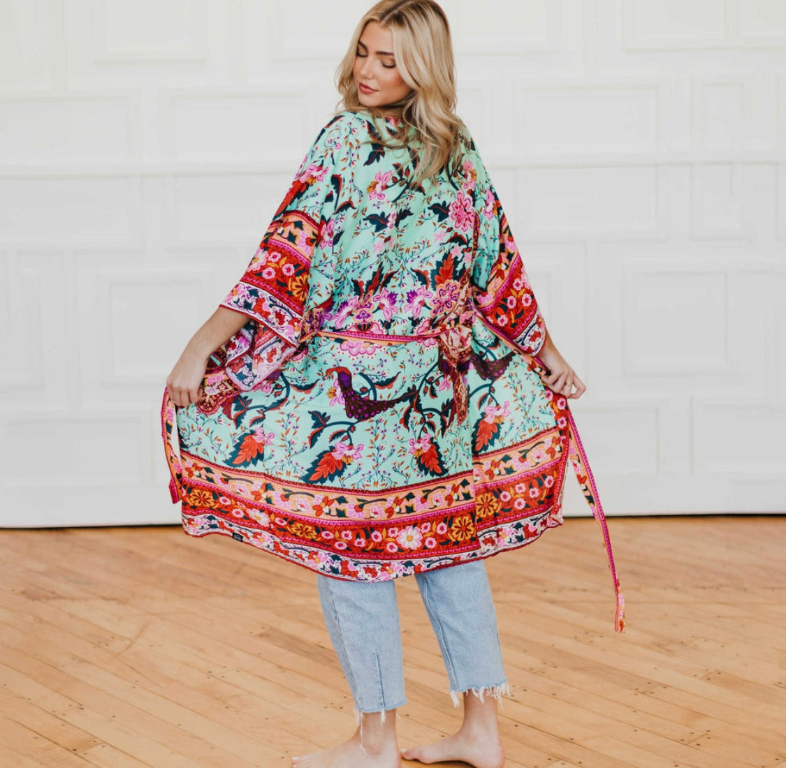 Tie Front Boho Chic Teal Floral Kimono - Preorder