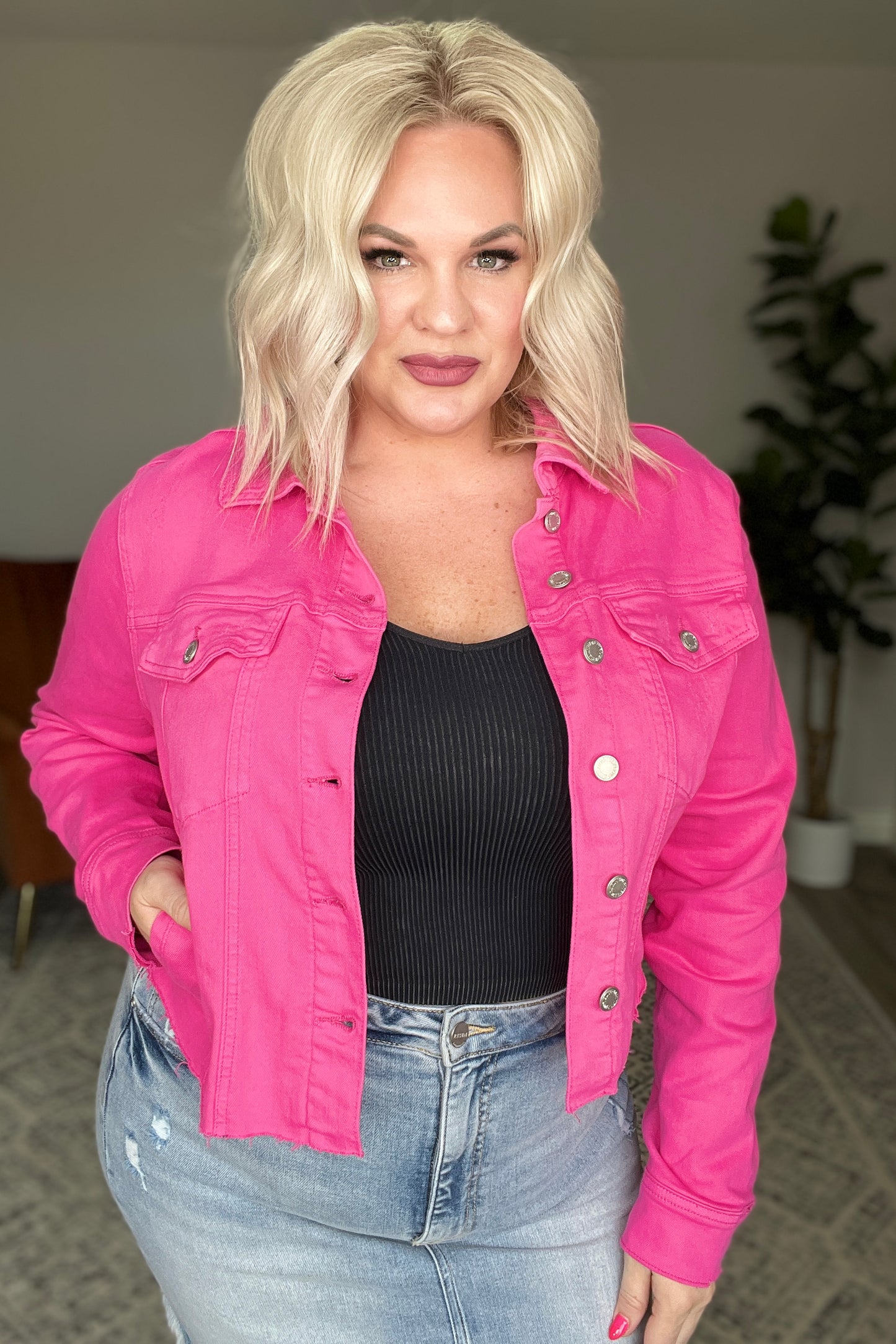 With a Whisper Denim Jacket in Hot Pink