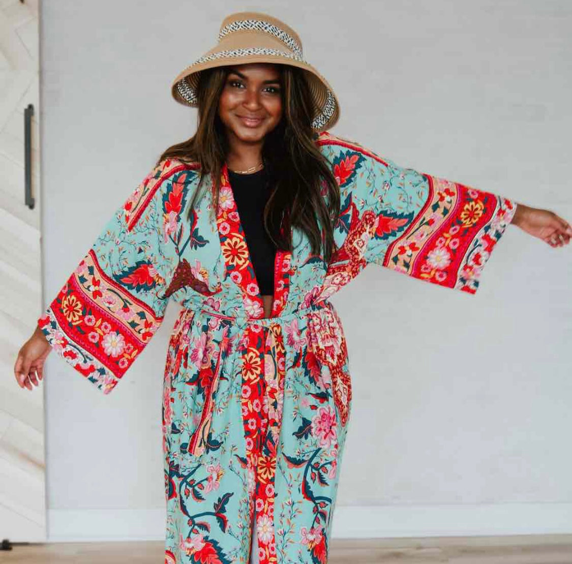 Tie Front Boho Chic Teal Floral Kimono - Preorder