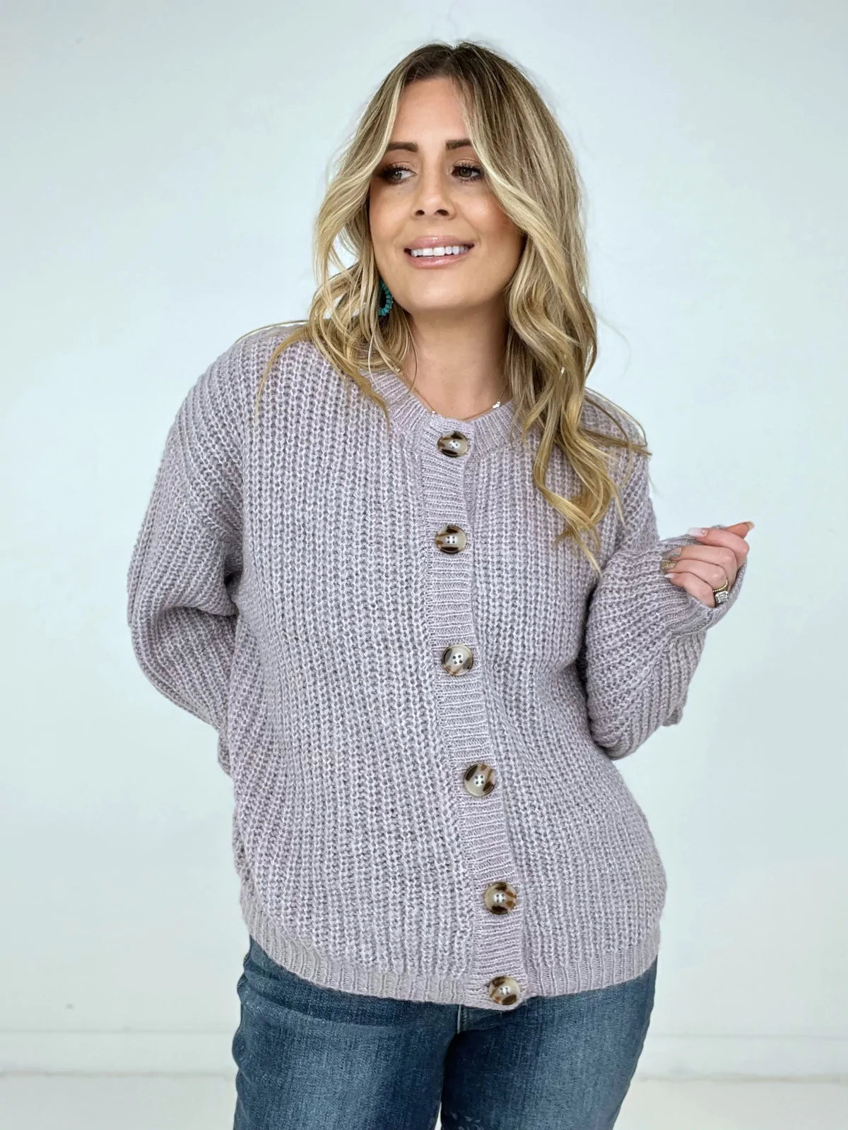 Solid Balloon Sleeve Button Front Cardigan