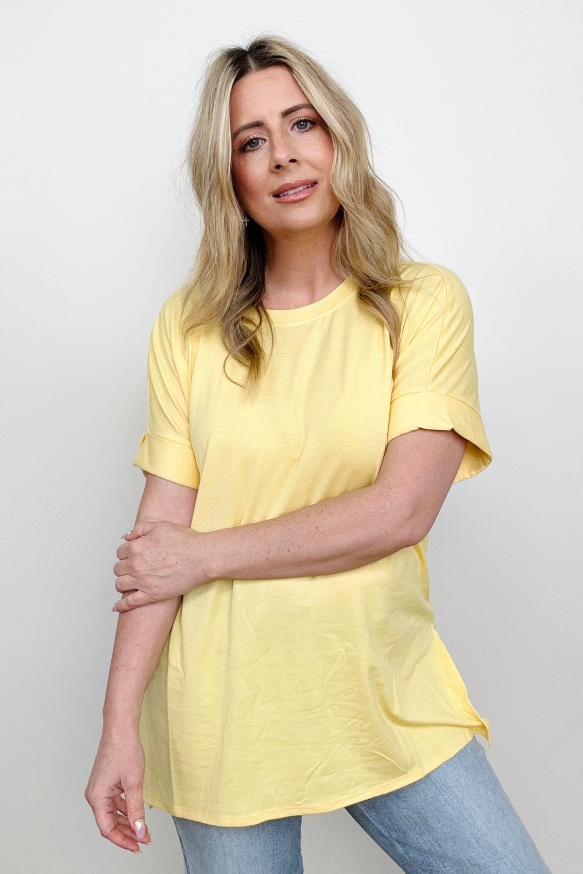 Cuffed Sleeve High-Low Hem Top