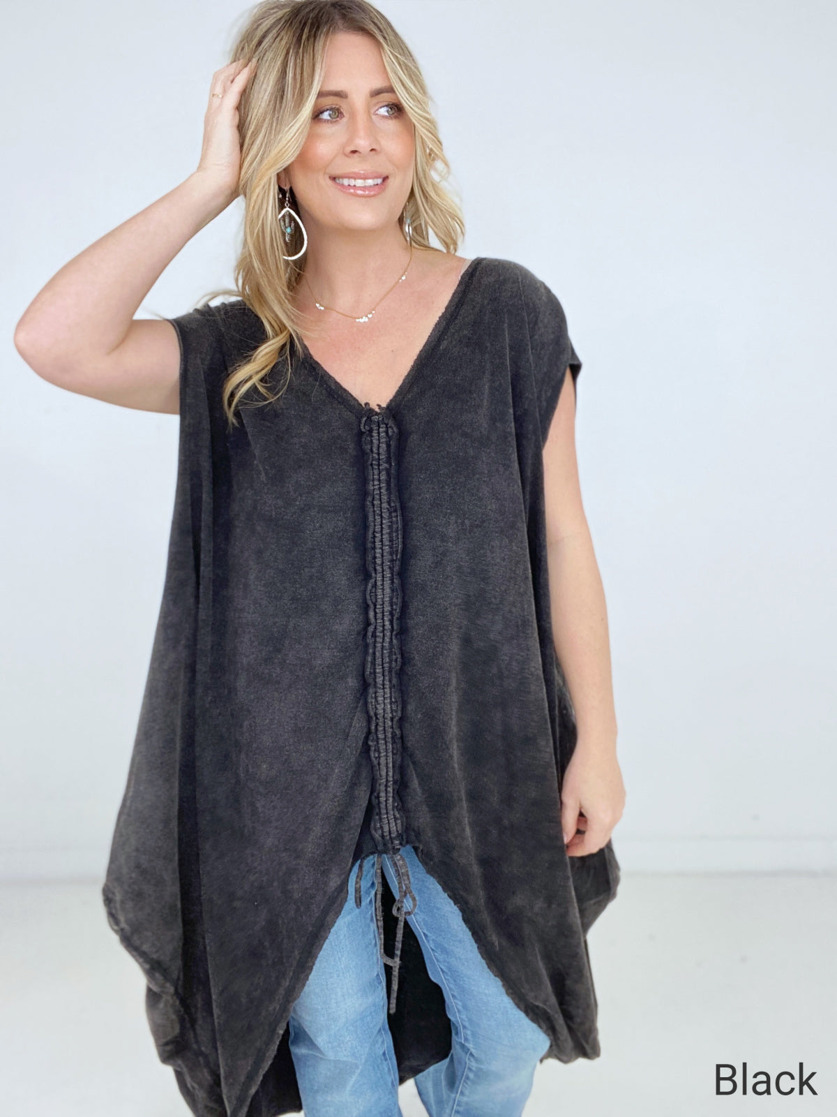 Oli & Hali Mineral Washed Cinched Front Cocoon Sleeveless Long Top