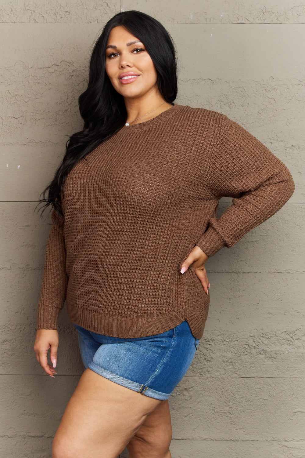 Plus Size - Breezy Days Waffle Knit Sweater in Chestnut
