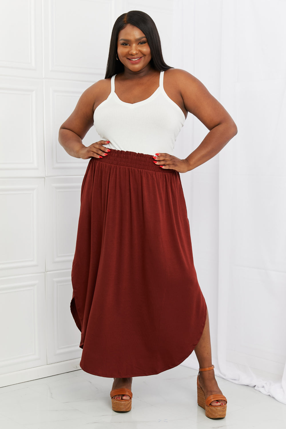 It's My Time Side Scoop Scrunch Skirt - Dark Rust
