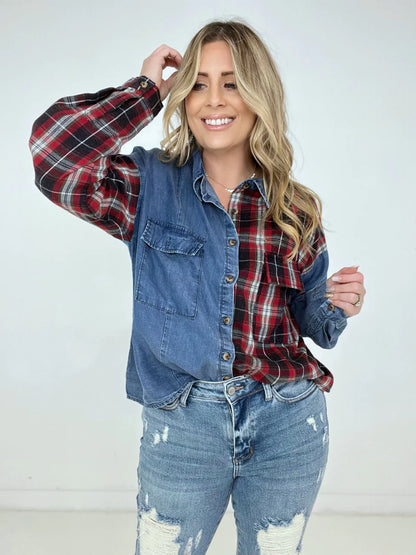 Washed Plaid Denim Shirt with Flap Pockets