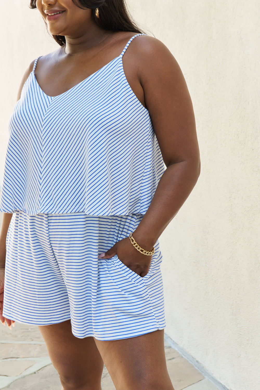 Let It Happen Striped Romper in Cobalt Blue