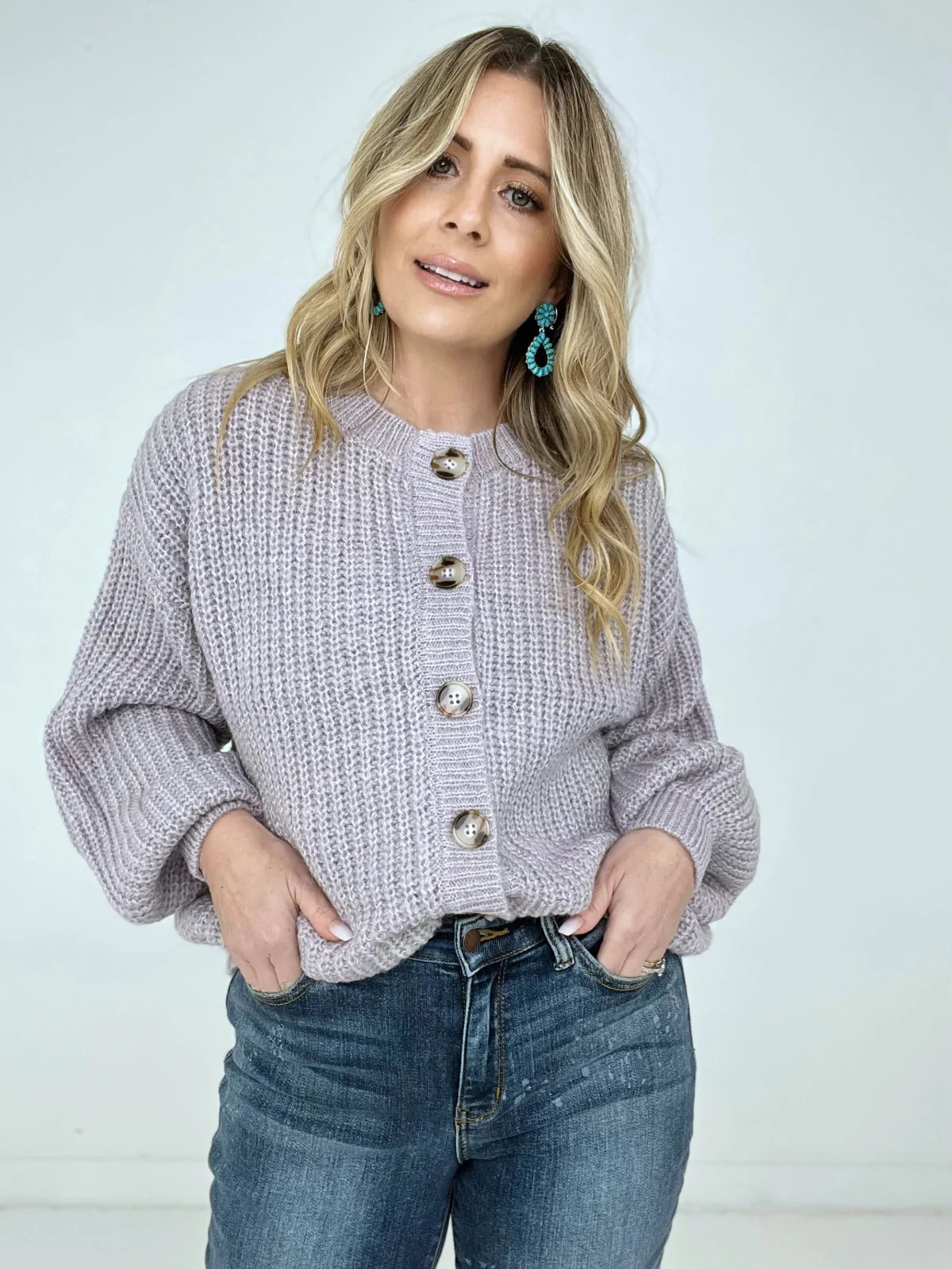 Solid Balloon Sleeve Button Front Cardigan
