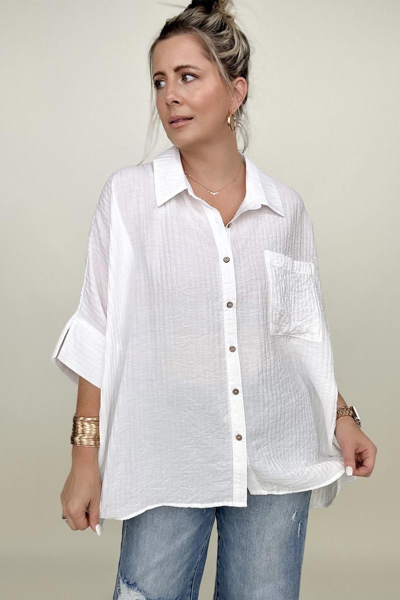 Pleated Batwing Short Sleeve Button Up Top - Multiple Colors