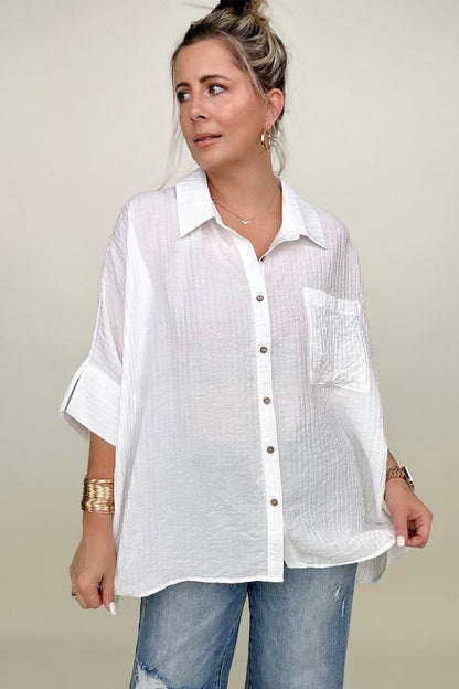 Pleated Batwing Short Sleeve Button Up Top - Multiple Colors