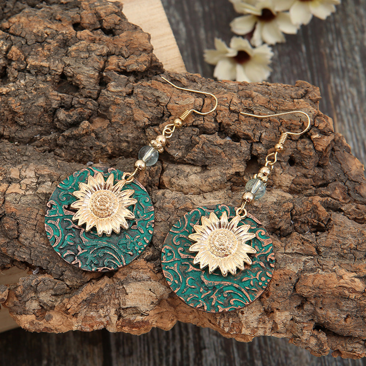 Retro Bohemian Double Sunflower Dangle & Drop Earring