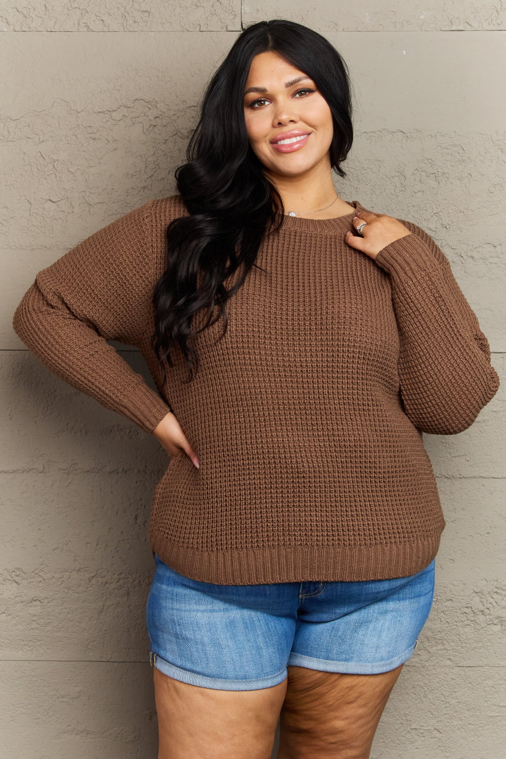 Plus Size - Breezy Days Waffle Knit Sweater in Chestnut