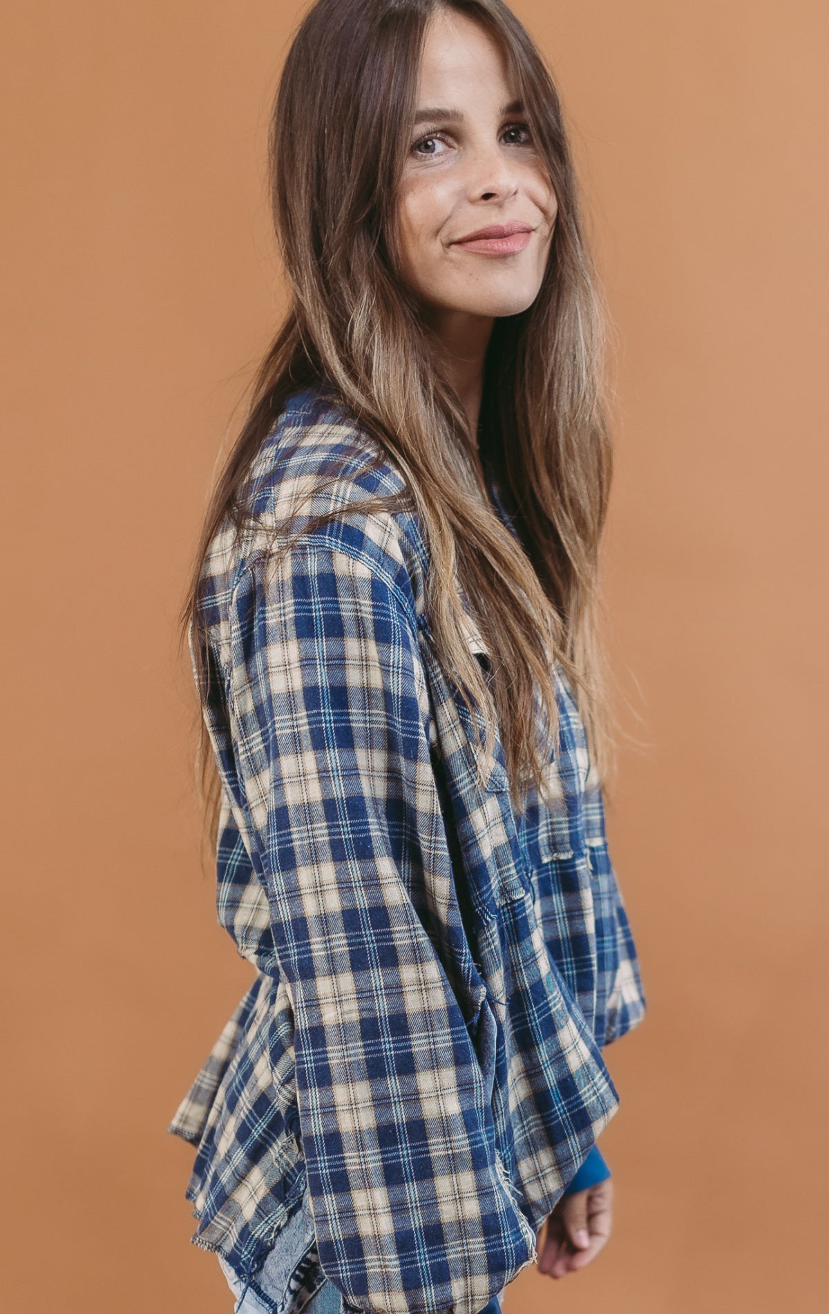 Comfy Half Zip Plaid Chambray Mixed Pullover