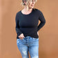 Boat Neck Long Sleeve Solid Ribbed Knit Top