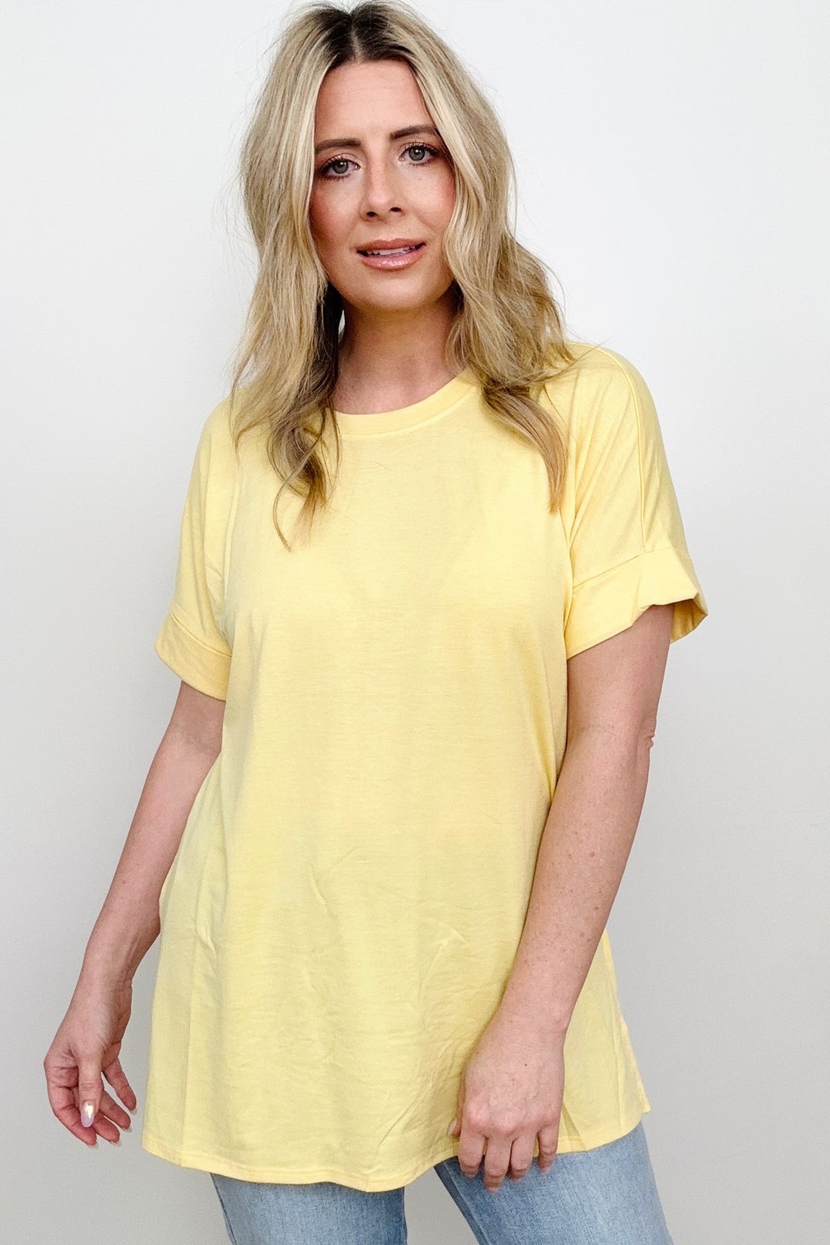 Cuffed Sleeve High-Low Hem Top