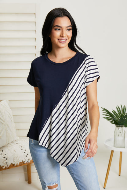 SIZE XL Striped Color Block Tee in Navy
