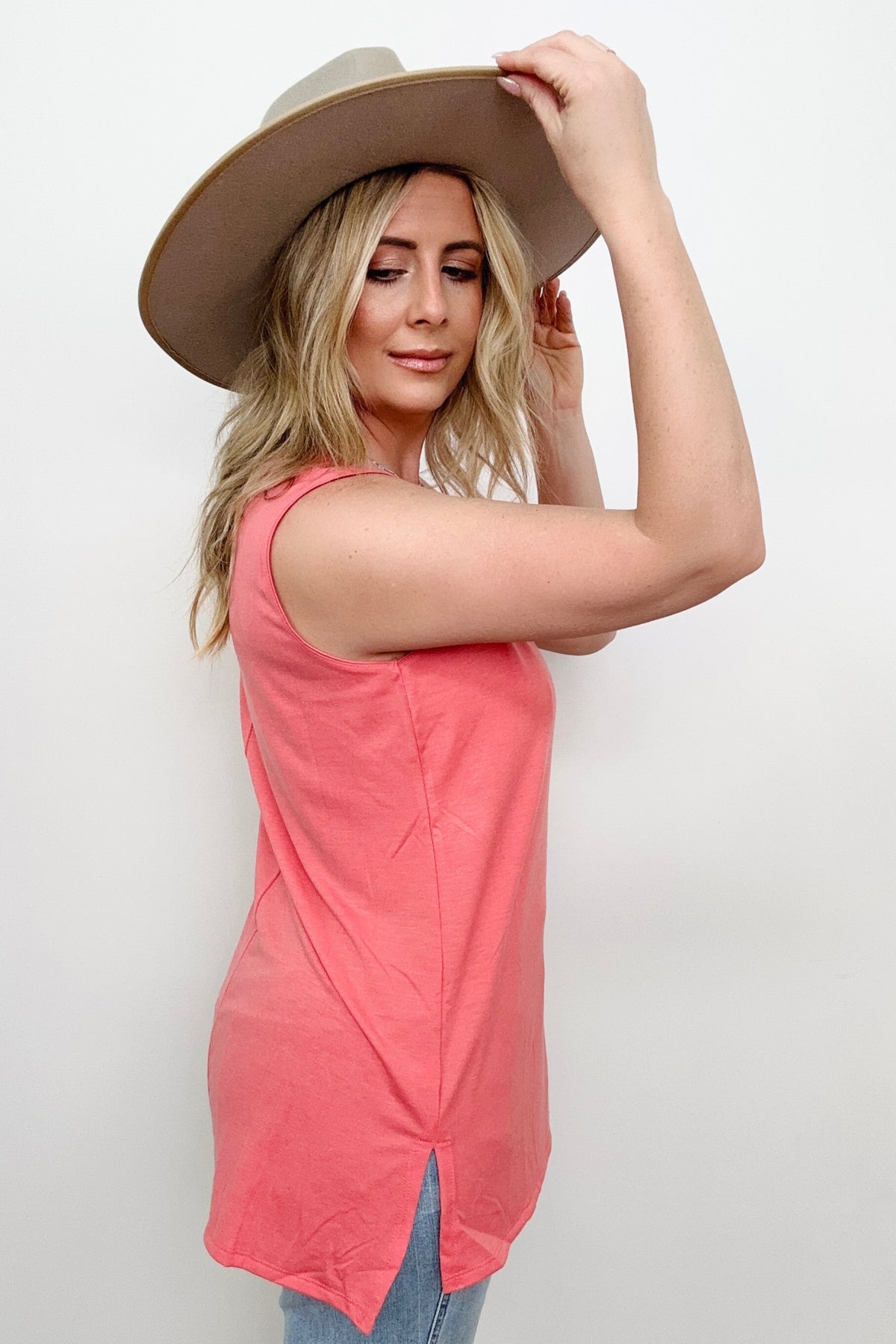 Round Neck Sleeveless Side Slit Top