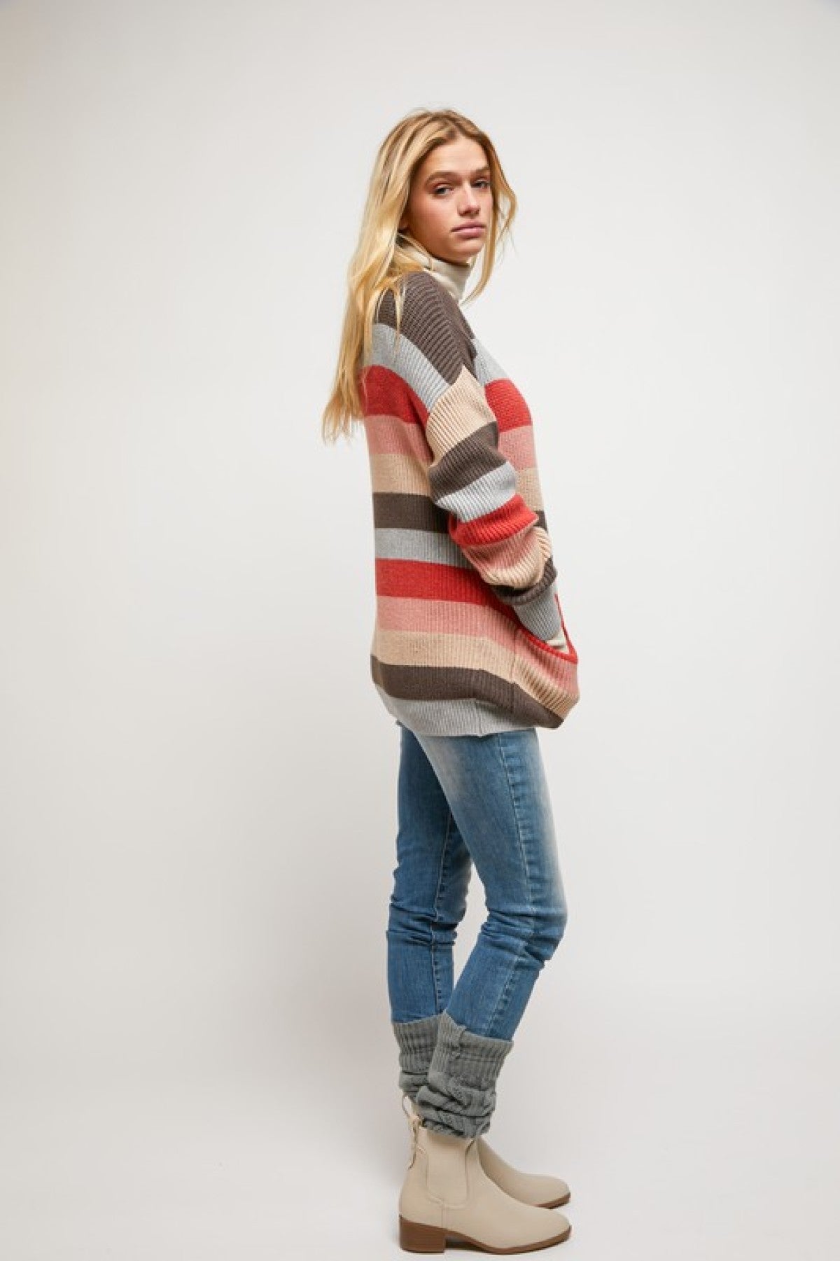 Multi Stripe Round Neck Long Sleeve Sweater with Pockets