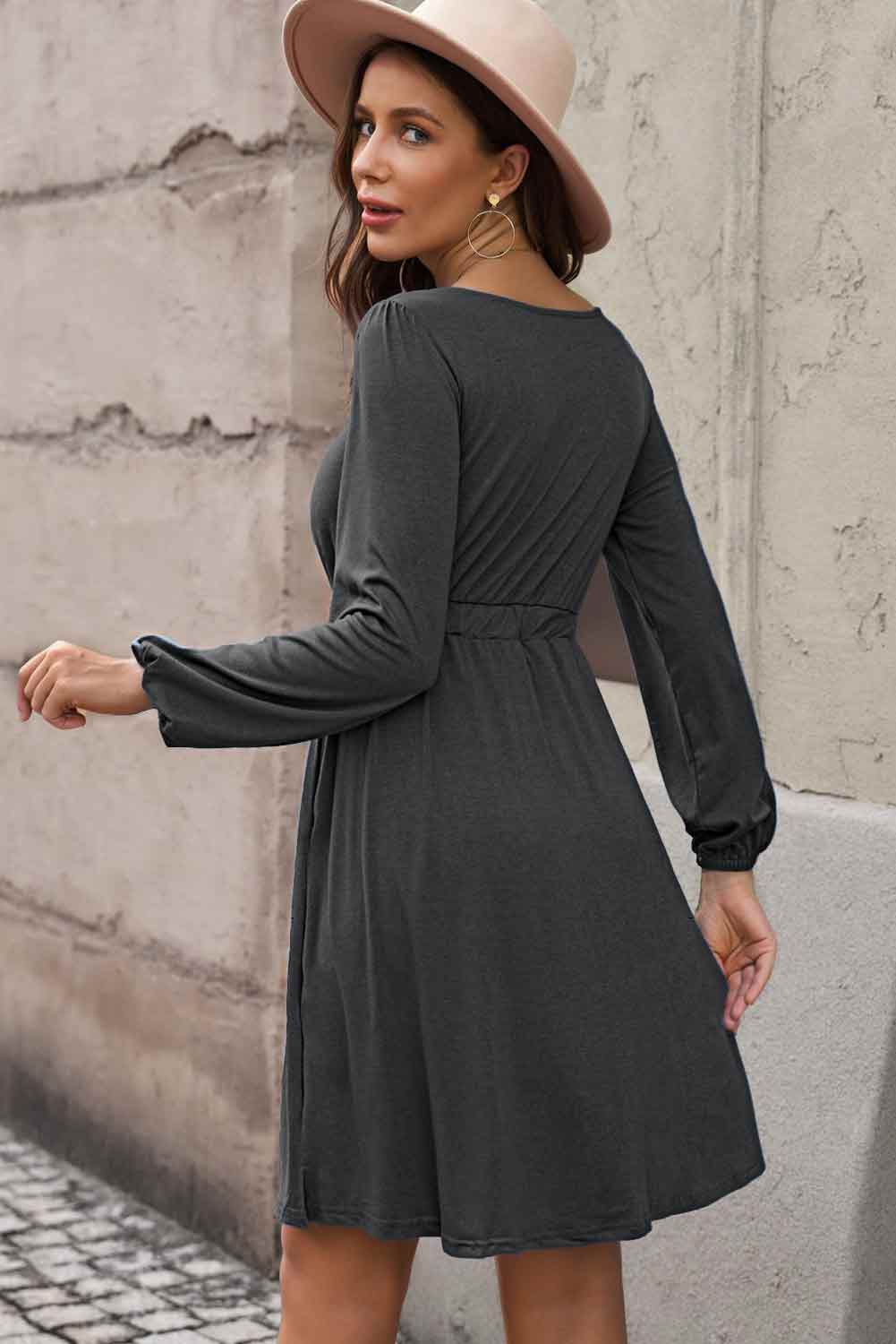 Scoop Neck Button Front Dress - (Black, Green, Gray and Blue)