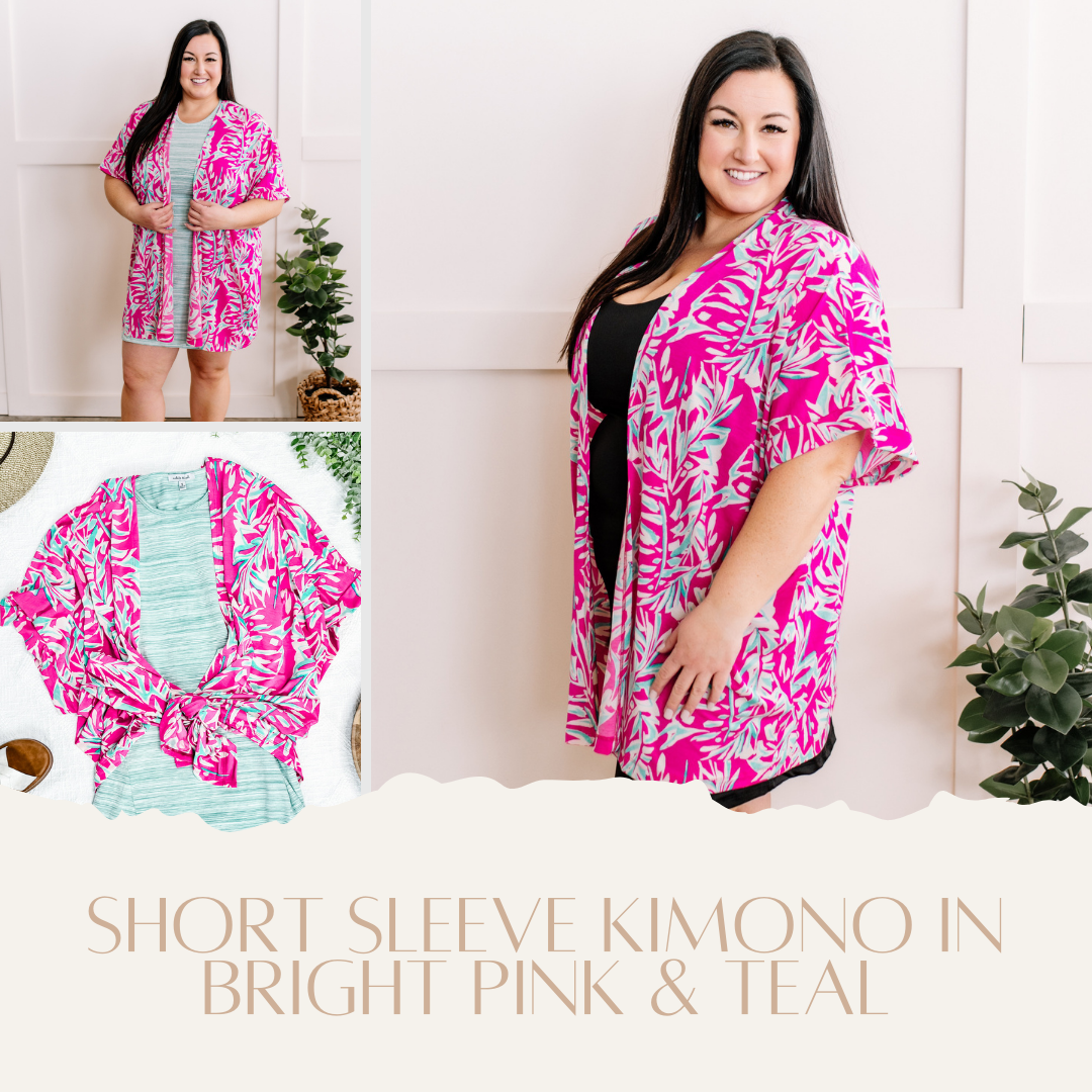 Short Sleeve Kimono In Bright Pink & Teal