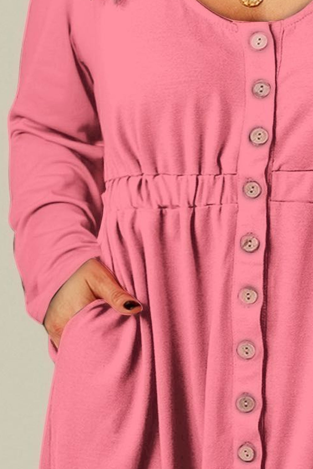 Plus Size Button Front Long Sleeve Dress - (Gray, Pink, Black and Green)